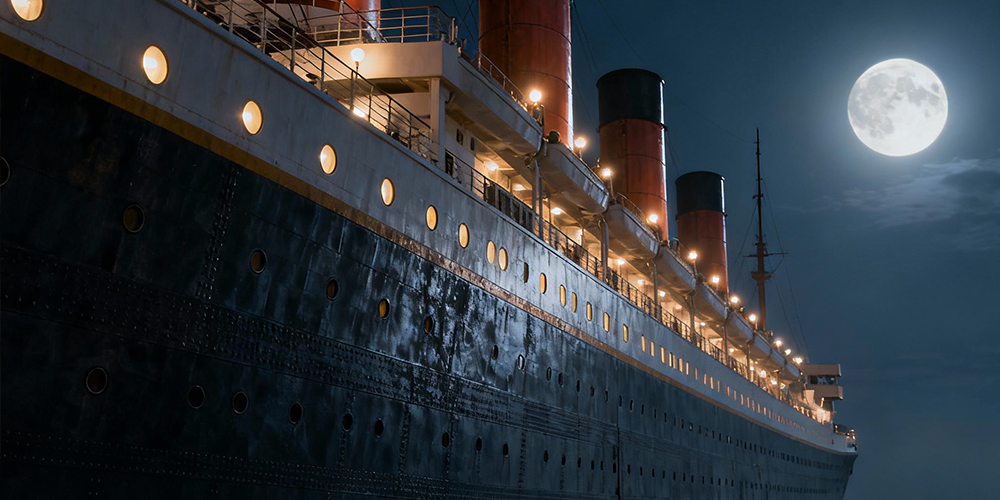 Titanic scene of Titanic cruise on the ocean under the moon in the Playstation simulator